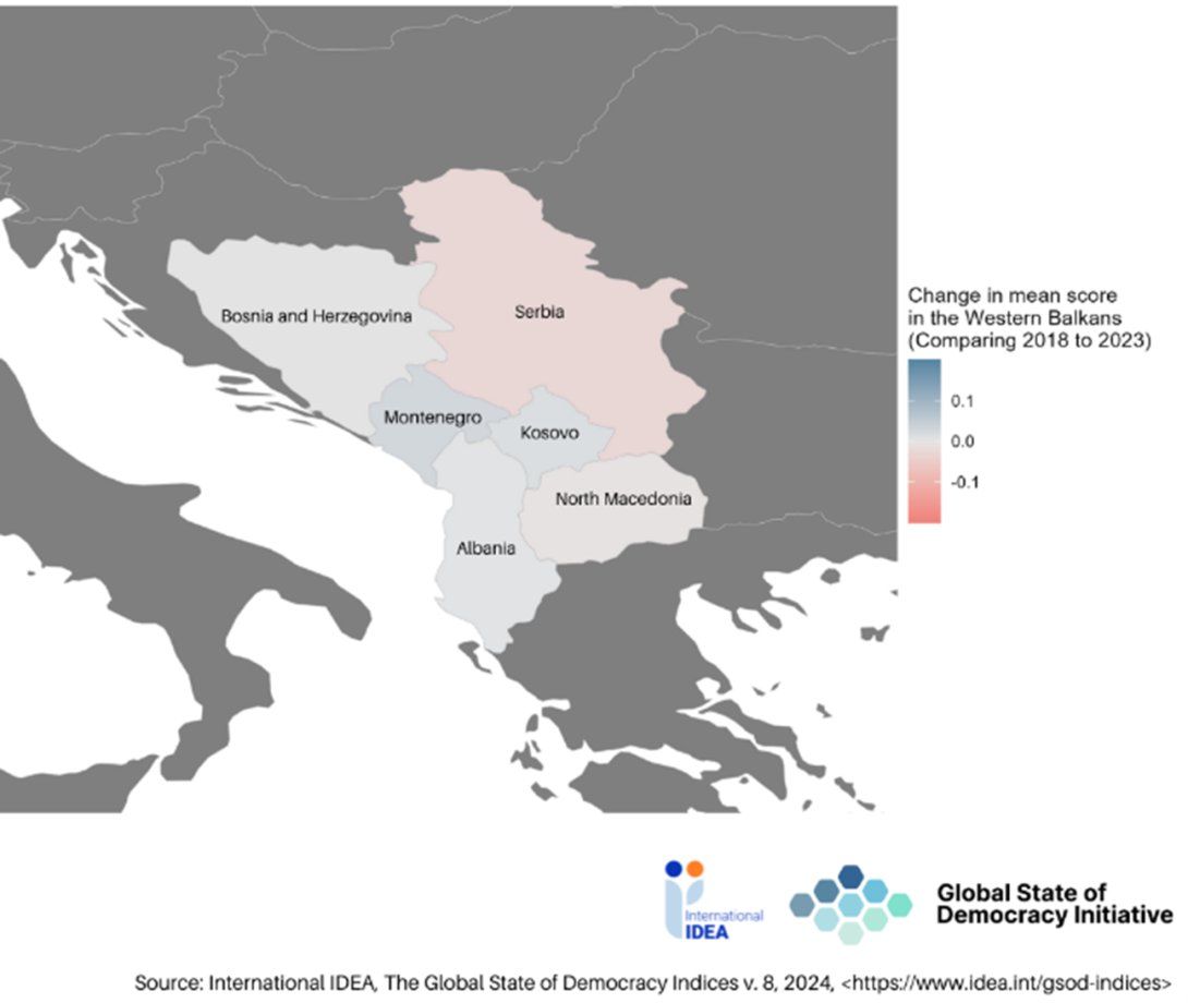 Figure&nbsp;1 - Map of change in the average level of democratic performance in each country (comparing 2023 with 2018)